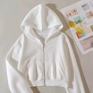 Solid Zip Up Drop Shoulder Crop Hoodie